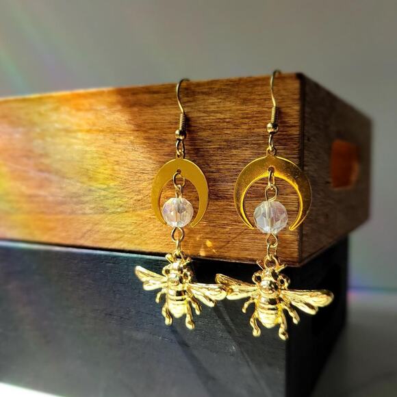 Handmade Gold Tone 'Moon drops and Honey' Bee Earrings w/ SS 925 ear hooks - Picture 1 of 2
